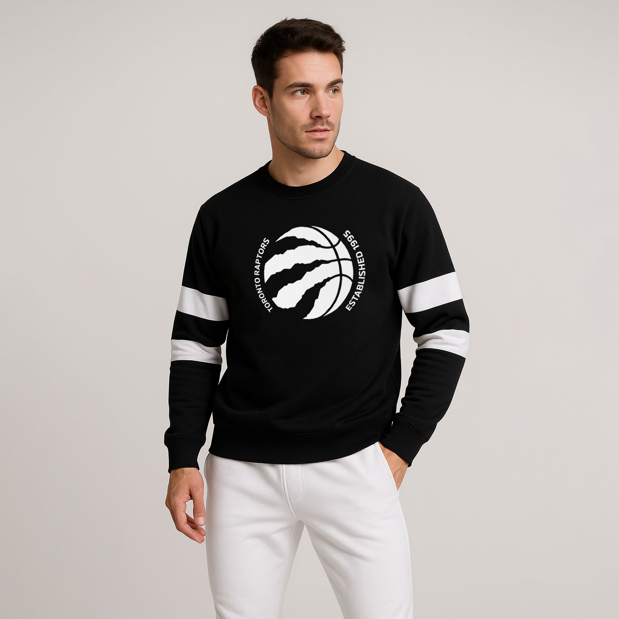 TR Black Printed Sweatshirt with White Sleeve Stripes