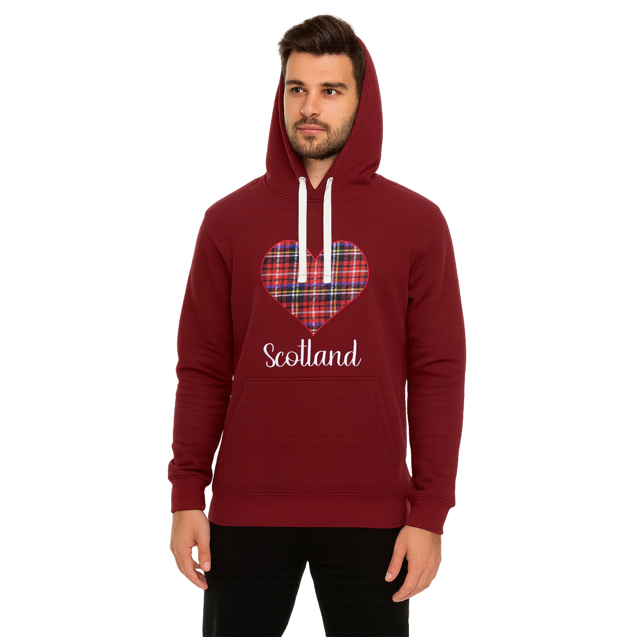 Men’s Maroon Scotland Hoodie with Tartan Heart Applique