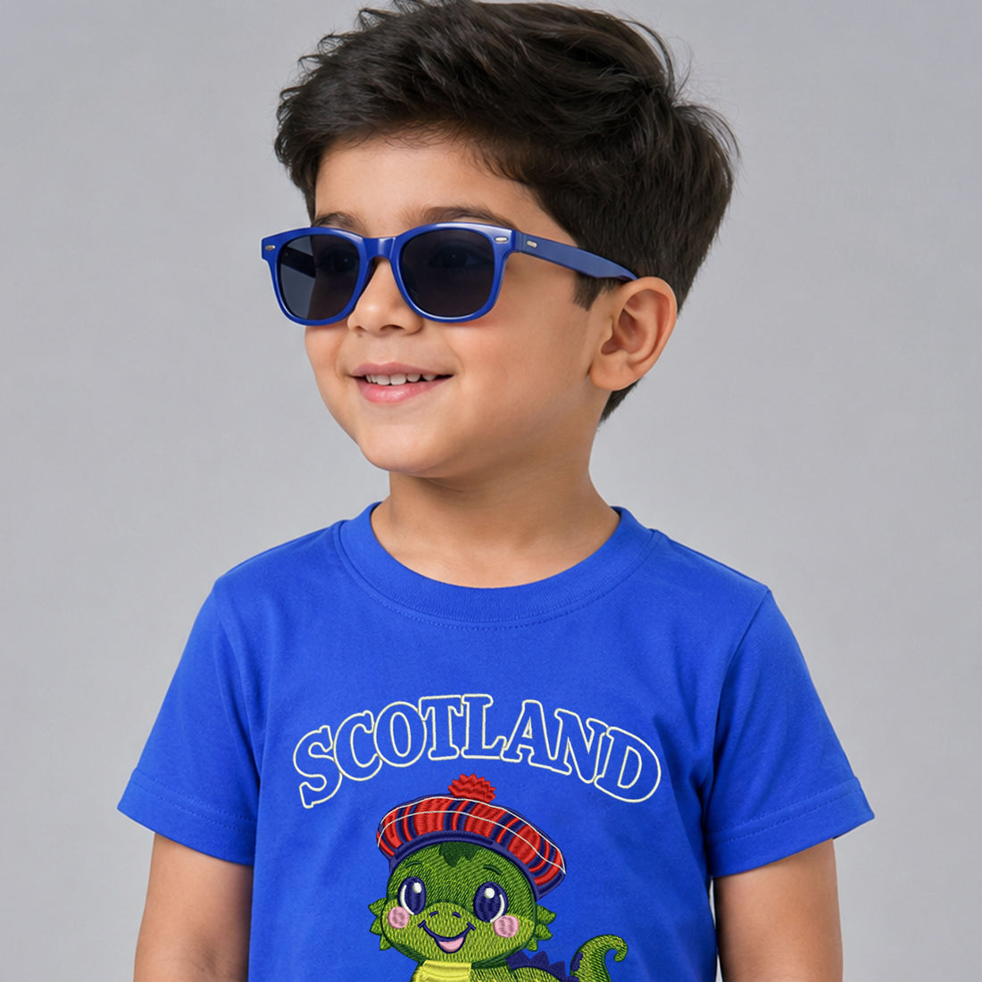 Kids Blue Crew Neck Scotland Sea Dragon Embroidered T Shirt