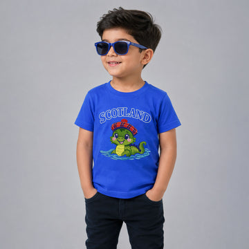 Kids Blue Crew Neck Scotland Sea Dragon Embroidered T Shirt
