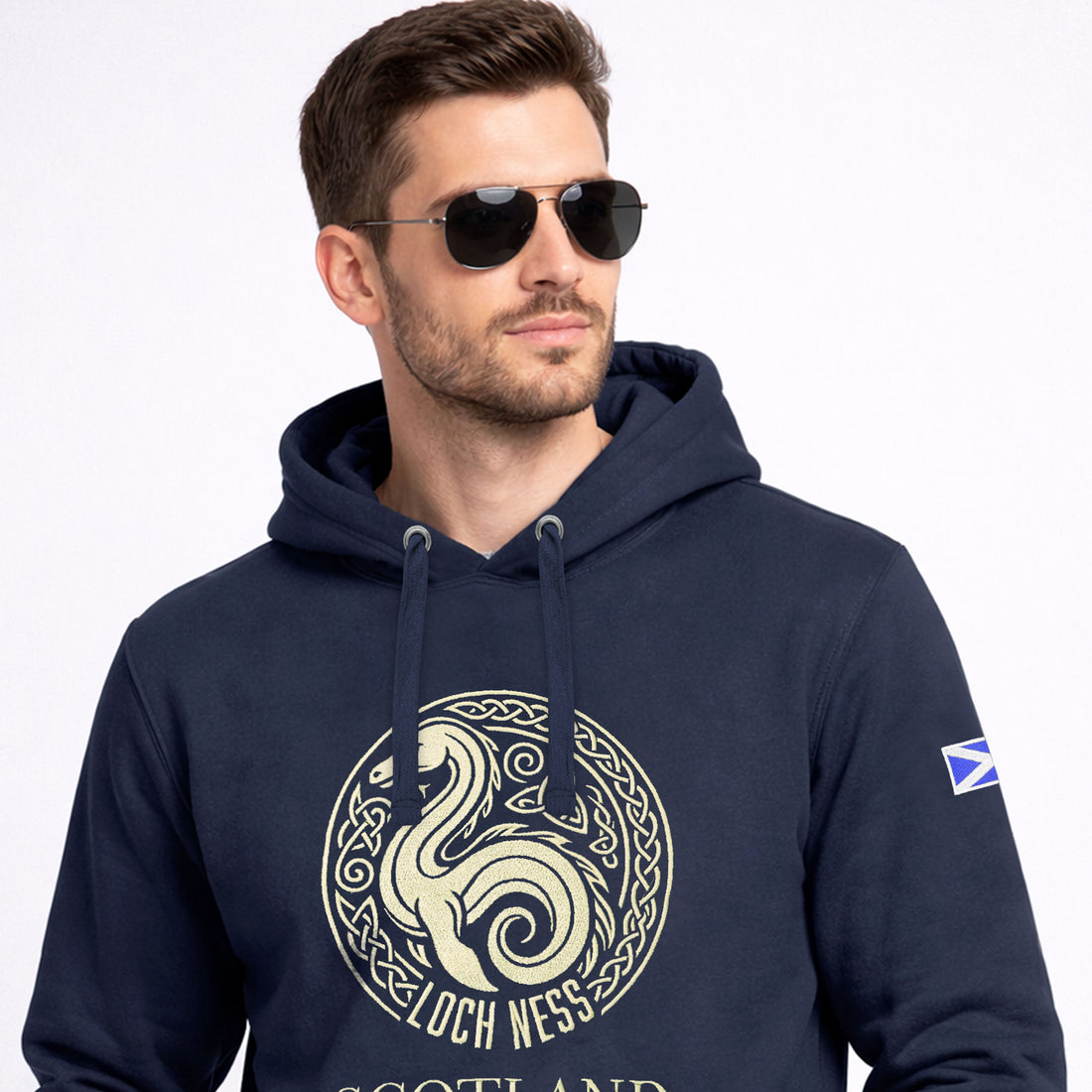 Men's Navy Loch Ness Scotland Round Embroidered Hoodie