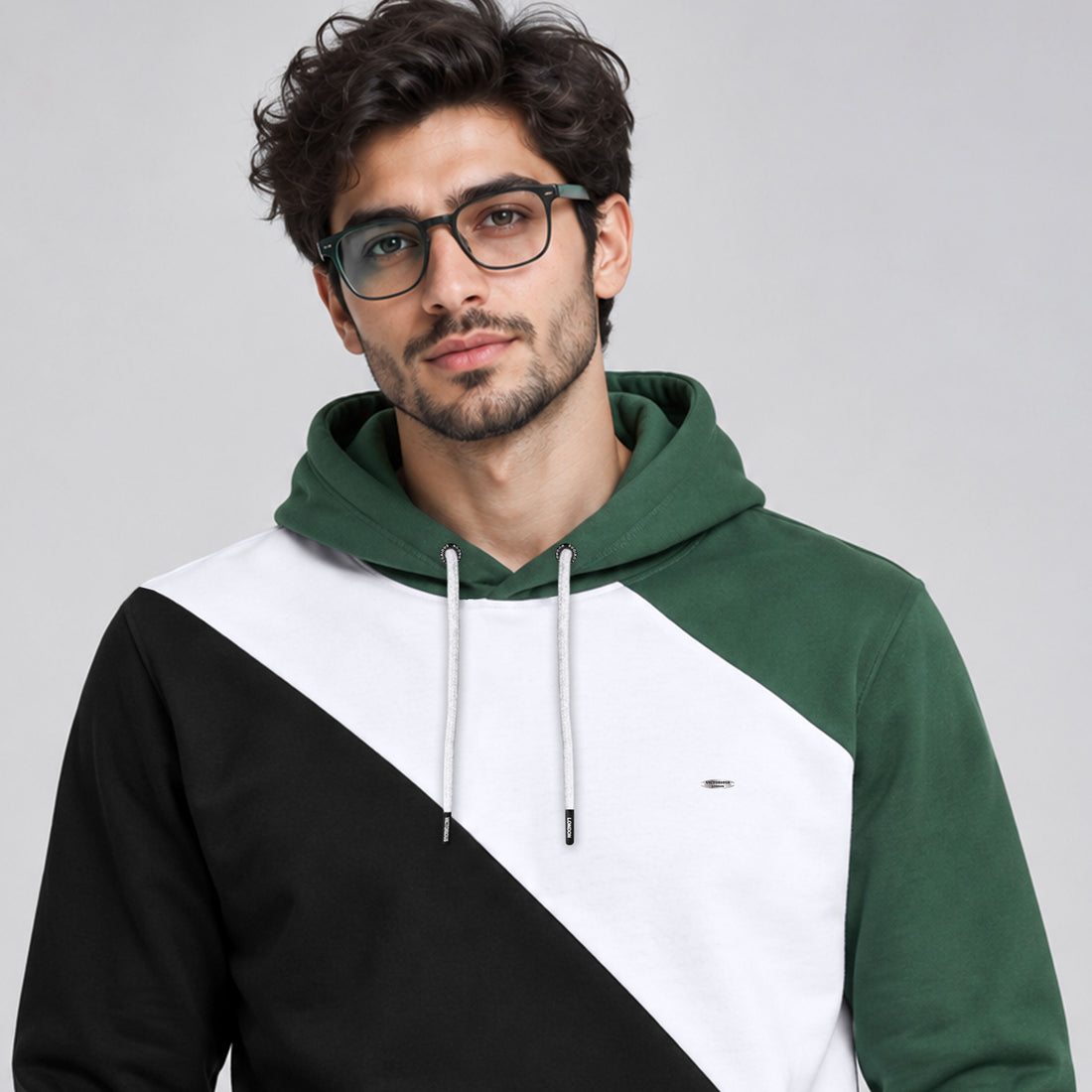 Men’s Premium Color Block Fleece Hoodie – Black, White & Green