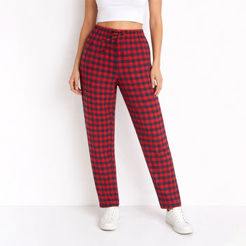 Ladies Red Navy Plaid Flannel Pants With Out Pocket