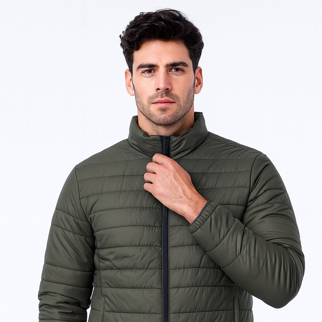 Men's Olive Green Zip-Up Puffer jacket