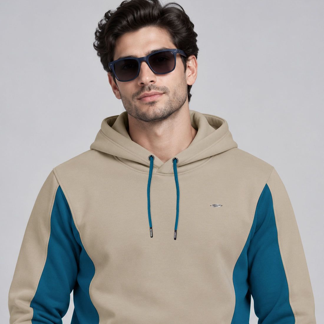 Men’s Color Block Fleece Pullover Hoodie– Beige & Teal Blue