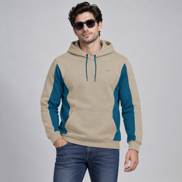 Men’s Color Block Fleece Pullover Hoodie– Beige & Teal Blue