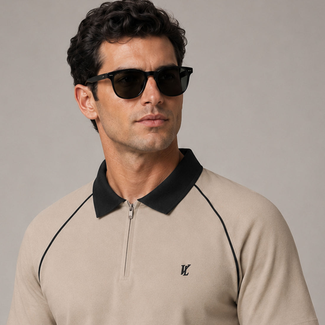 Premium Men's Beige Contrast Piping Half Zip Polo Shirt with Black Collar