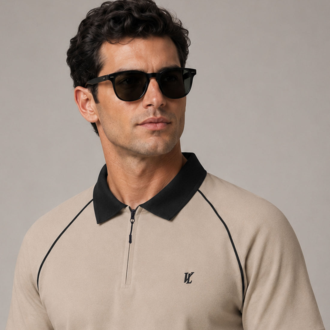 Premium Men's Beige Contrast Piping Half Zip Polo Shirt with Black Collar