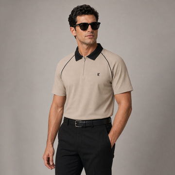 Premium Men's Beige Contrast Piping Half Zip Polo Shirt with Black Collar