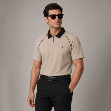 Premium Men's Beige Contrast Piping Half Zip Polo Shirt with Black Collar