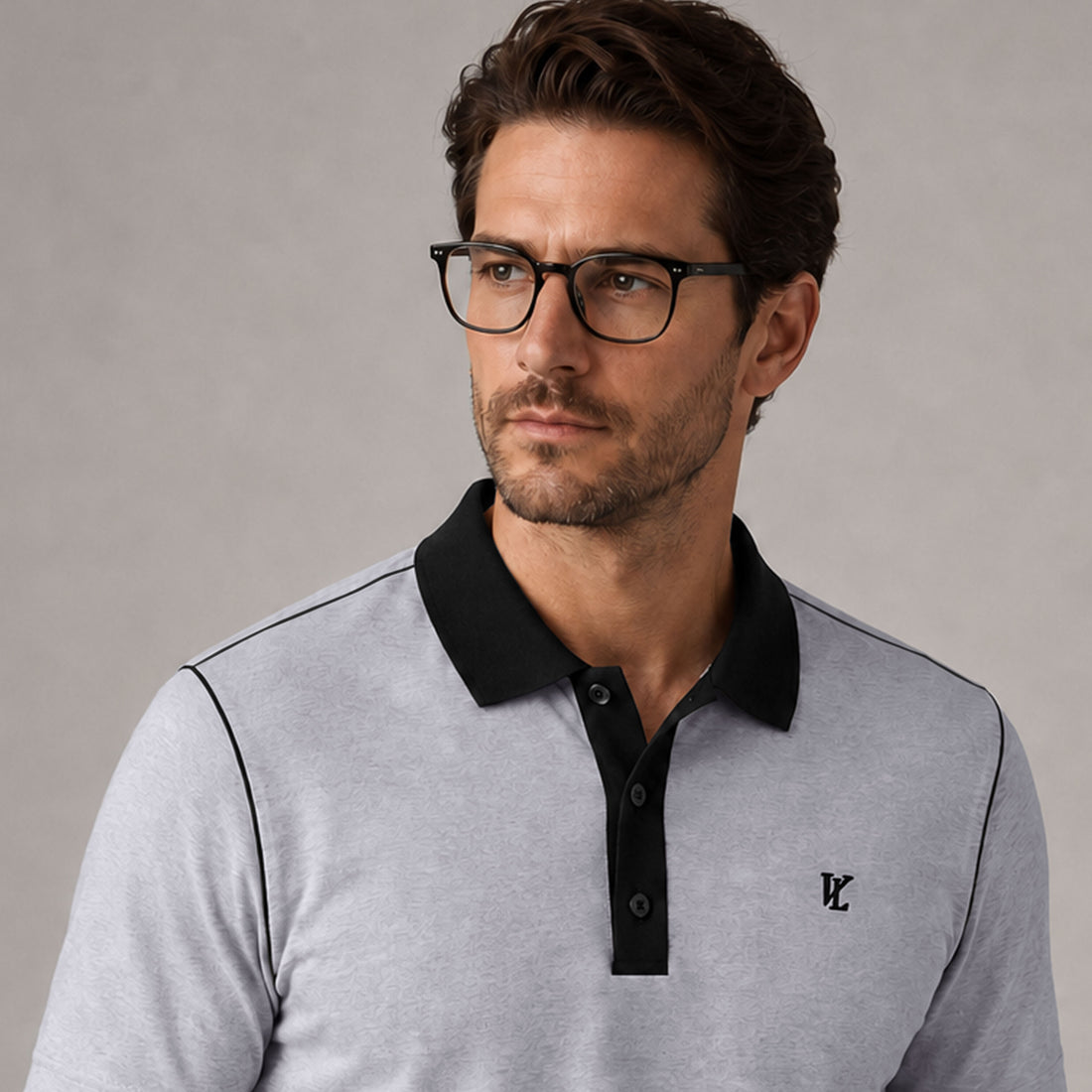 Men's Heather Grey Polo with Black Contrast Collar & Shoulder Piping