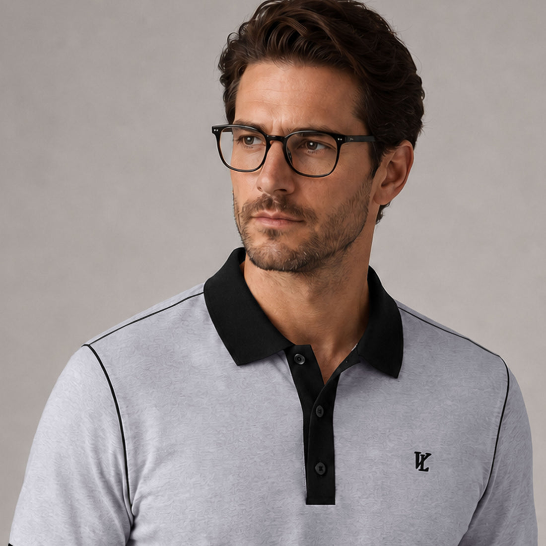 Men's Heather Grey Polo with Black Contrast Collar & Shoulder Piping