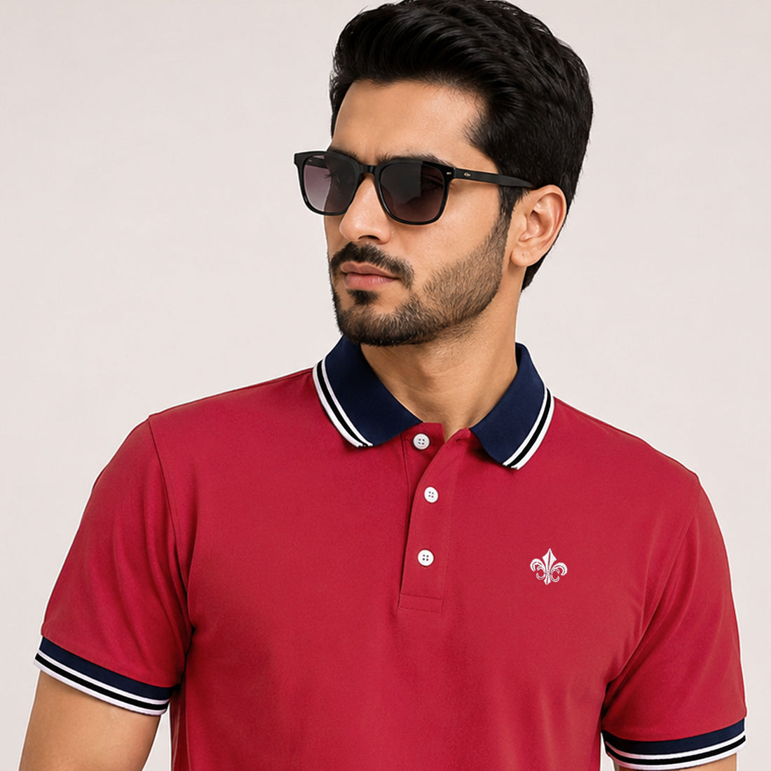 Men’s Red With Contrast Collar Embroidered  Polo Shirt