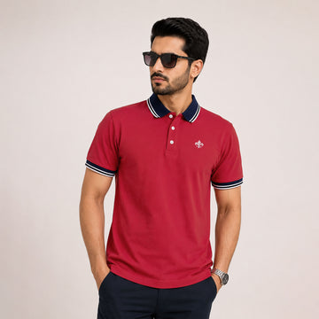 Men’s Red With Contrast Collar Embroidered  Polo Shirt