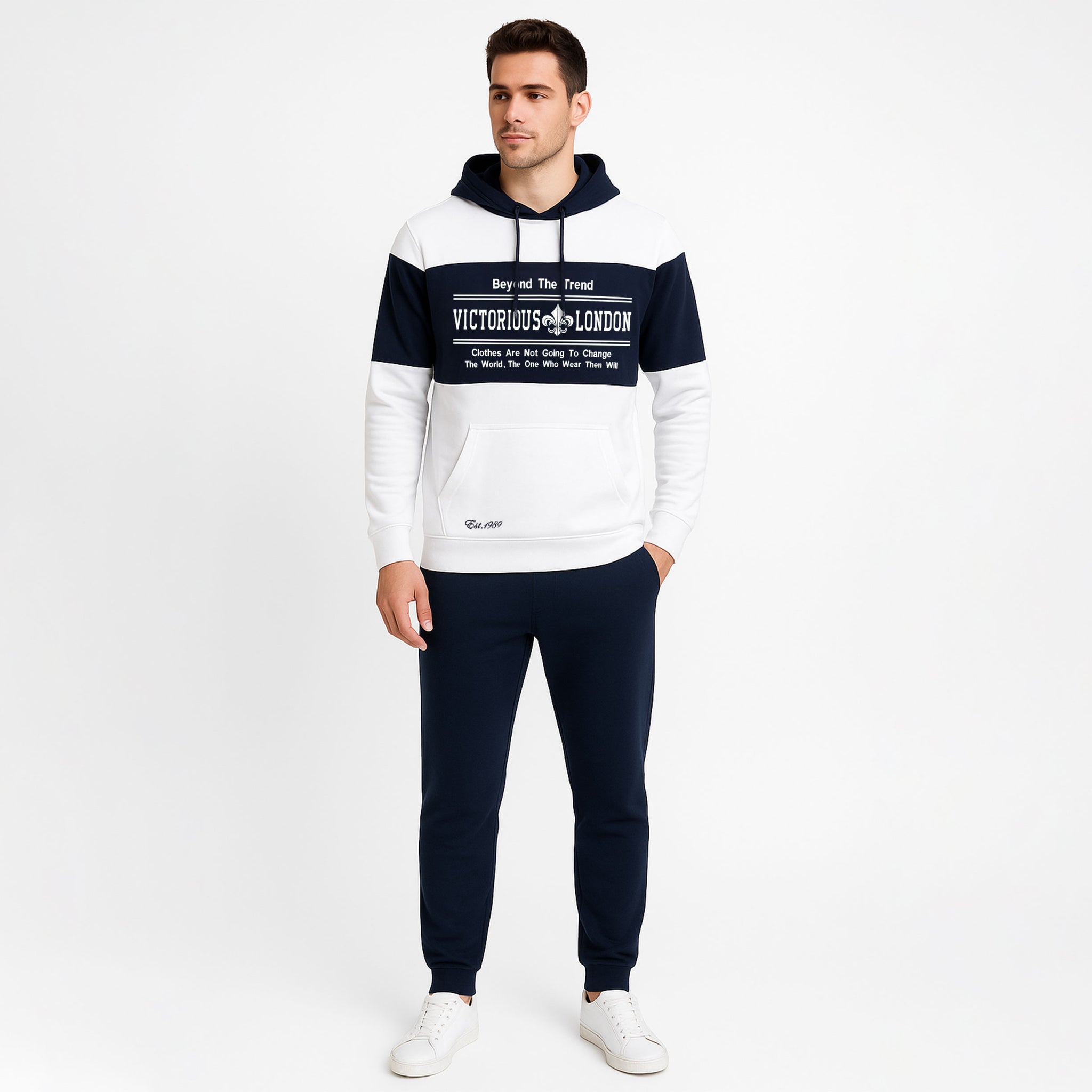 White & Navy Contrast Panel Embroidered Tracksuit