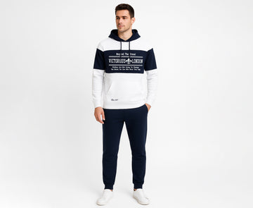 White & Navy Contrast Panel Embroidered Tracksuit