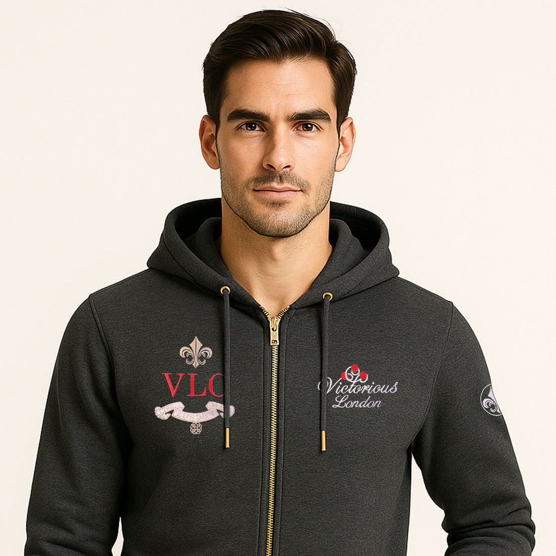 Men’s Charcoal Zip-Up Embroidered Hoodie