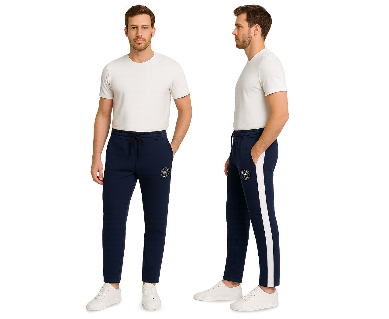 Men's Side Stripe Trousers-Navy, White Stripe