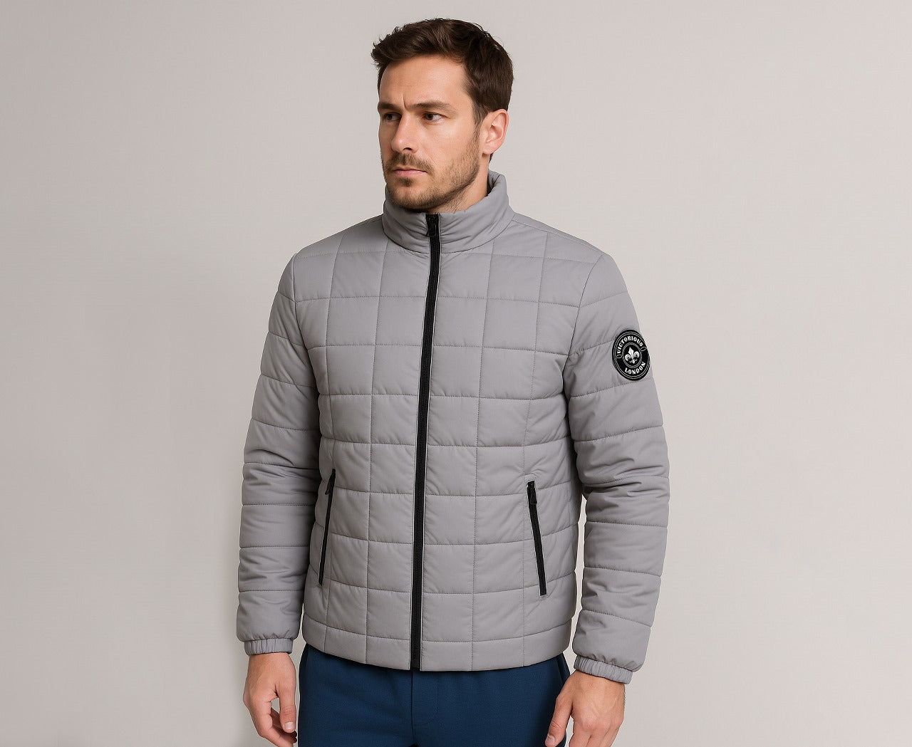 Men’s Grey Quilted  Zipper Puffer Jacket