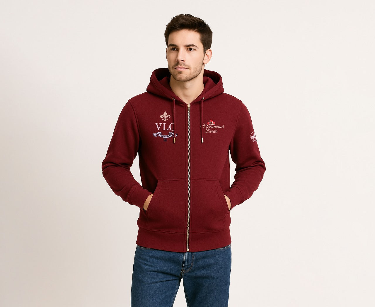 Men’s Maroon Zip-Up Embroidered Hoodie
