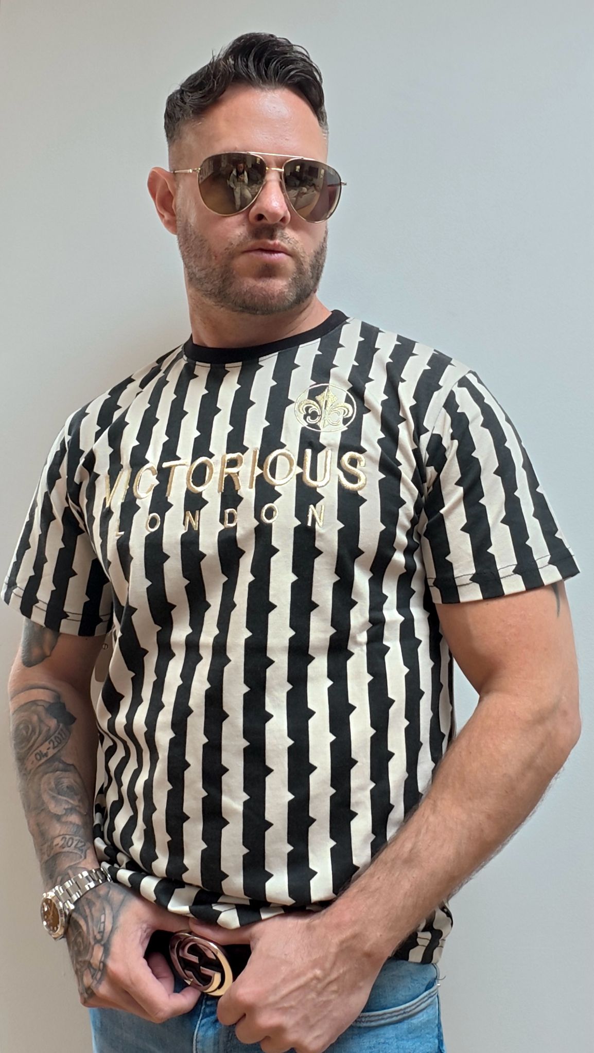 STRIPED WITH  SILVER  THREAD EMBROIDERED T SHIRT