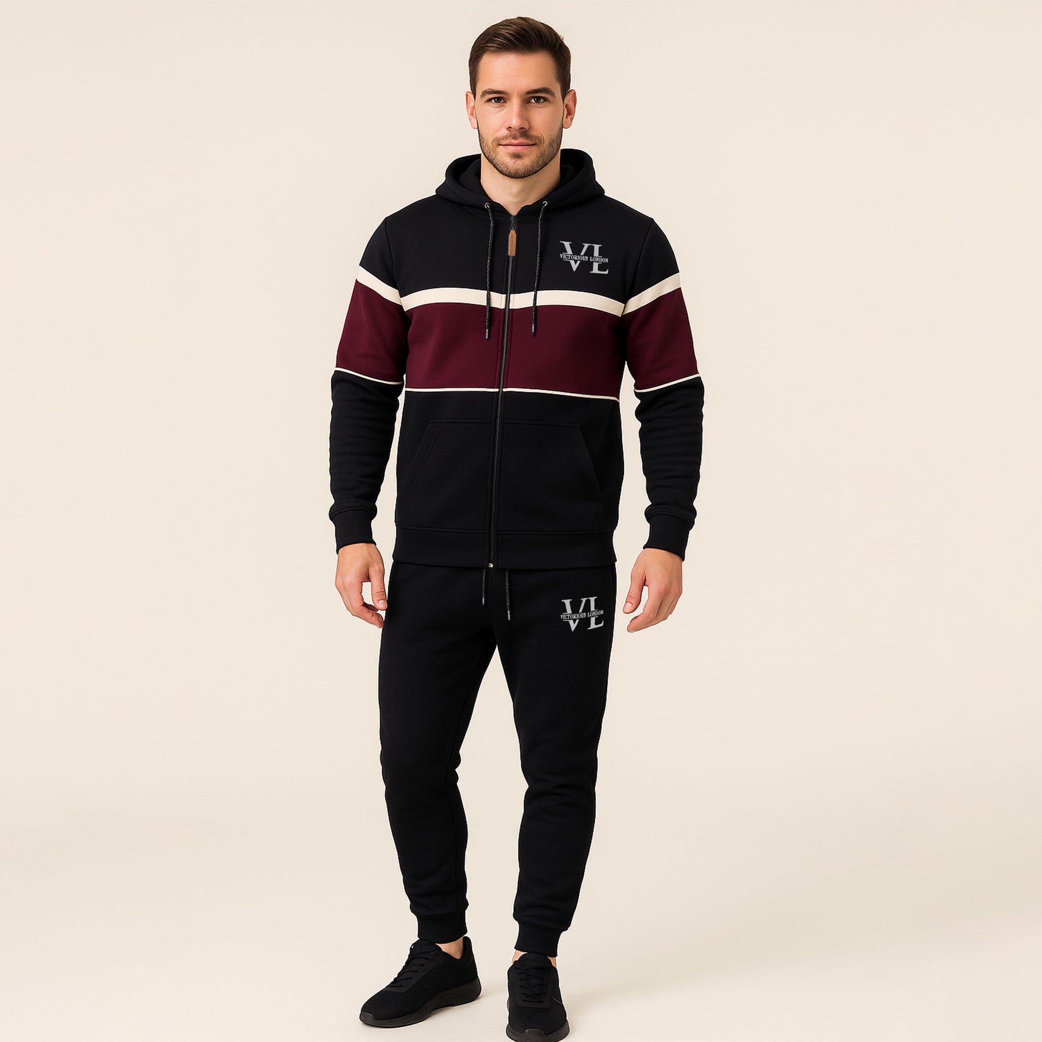 Zipper Hoodie Tracksuit with 2-Panel Stripe & VL Embroidered