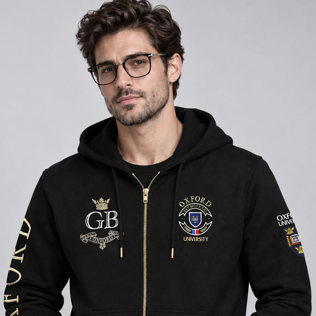 Premium Black Hoodie with Oxford University–Style Crests and Embroidery
